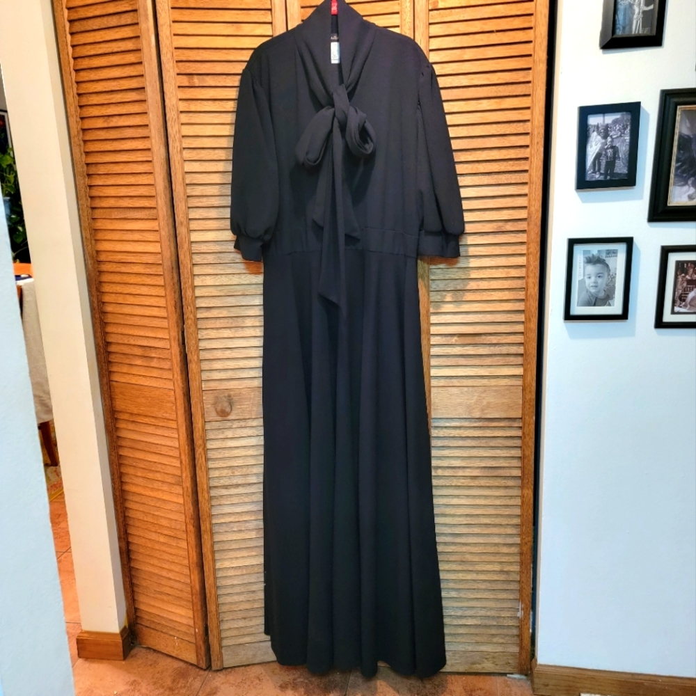 Asoph Black Maxi Dress with Bow Tie and Puff Sleeves